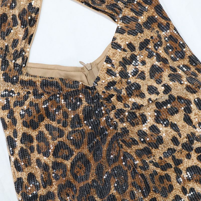 Női ruházat Leopárdmintás Szexi Ruha Flitteres Üreges Pántnélküli Hát nélküli Hasított Ujjak Bankett Stílusú Ruha_voghion.com