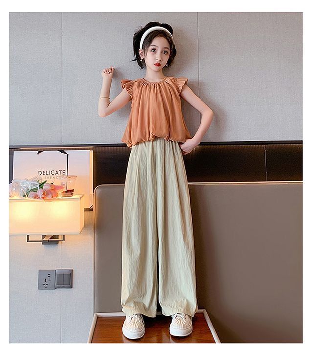 Été 2024 Nouvelle édition coréenne pour filles Haut décontracté moyen et grand Pantalon à jambe large Ensemble deux pièces élégant pour enfants Tendance_voghion.com