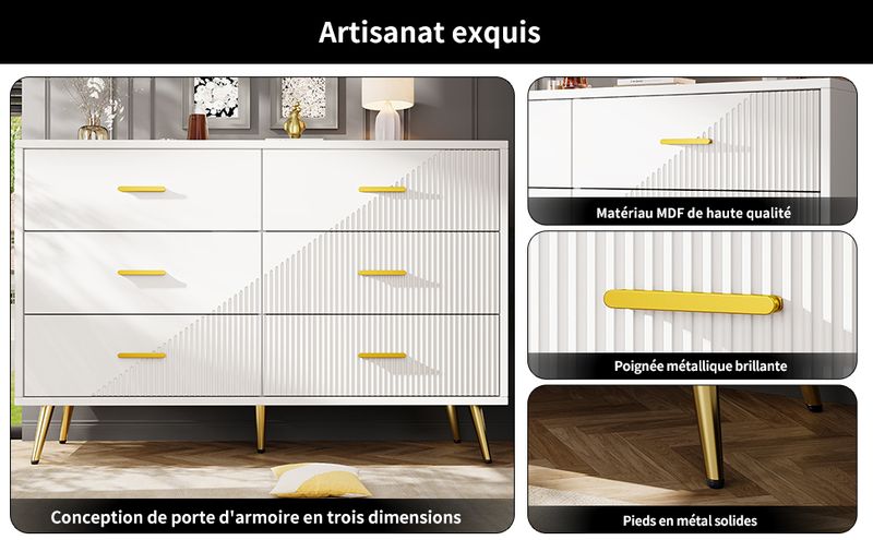 Kommode Weiß Mit 6 Schubladen, 3D-Schranktürdesign, Goldene Beine_voghion.com
