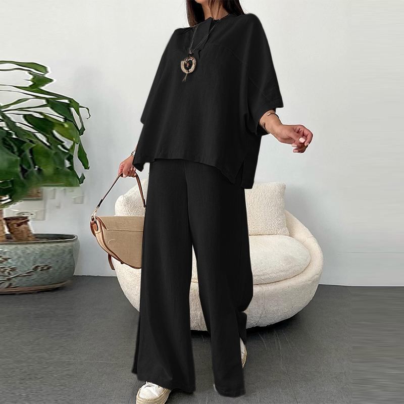 Vêtements pour femmes hauts et pantalons en coton et lin ensemble 2 pièces pantalon ample décontracté costume femmes_voghion.com