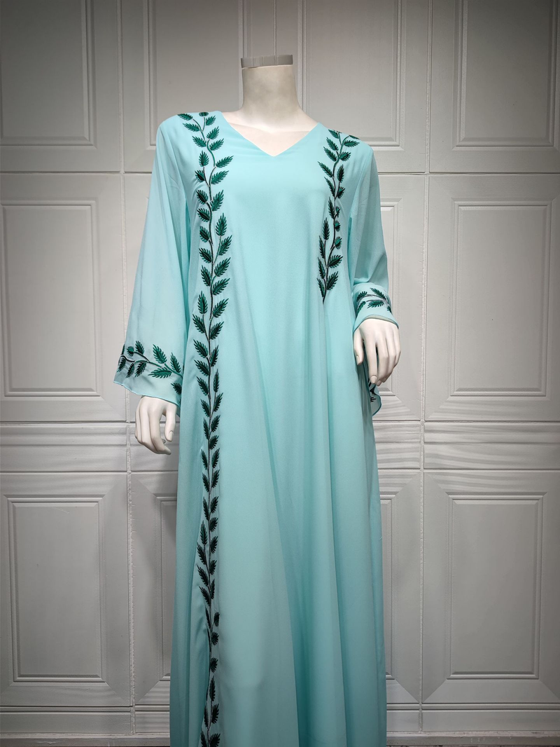 Damenmode Street Chiffon langes muslimisches besticktes rosafarbenes Rundhalskleid mit Hijab_voghion.com