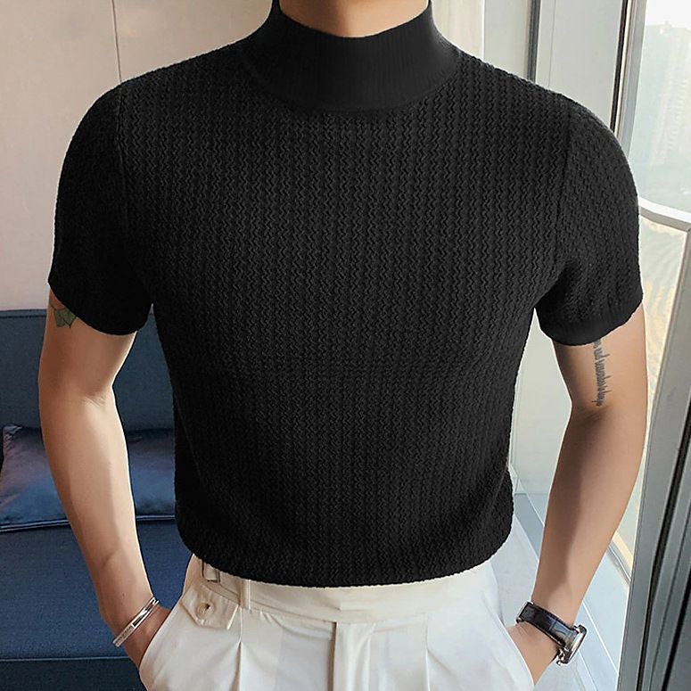 Unbeatable Quality 2024 Summer New Casual Simple Knitted Bottom Shirt For Men's High Collar Water Wave Solid Color T-shirt_voghion.com