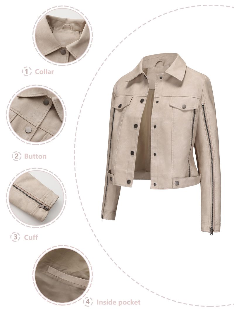 Women's Faux Leather Biker Jacket With Multiple Zipper Details, Long Sleeve Open Front Stylish Coat For Spring & Autumn_voghion.com