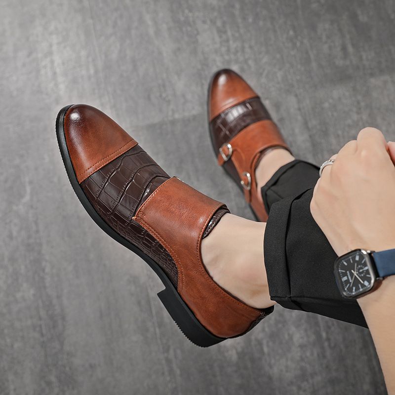 Foreign Trade Double Buckle Large Crocodile Pattern 38-48 Size European And American Trend Slip-On Casual Monk Strap_voghion.com