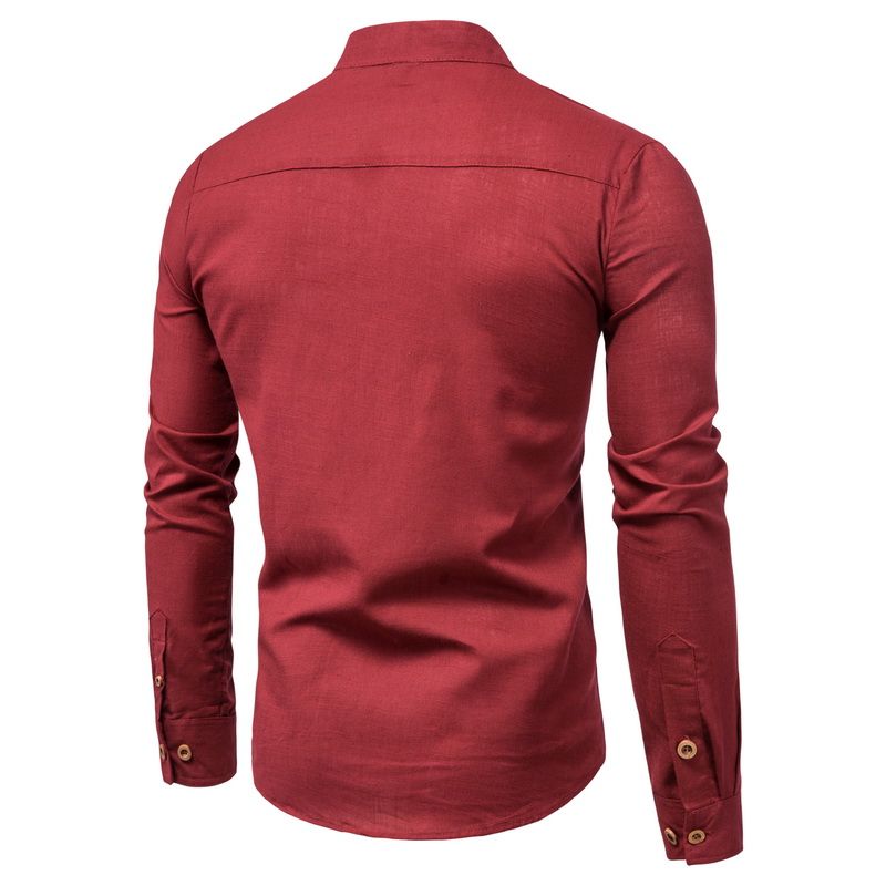 Camicia da uomo a maniche lunghe in cotone e lino autunnale da uomo_voghion.com