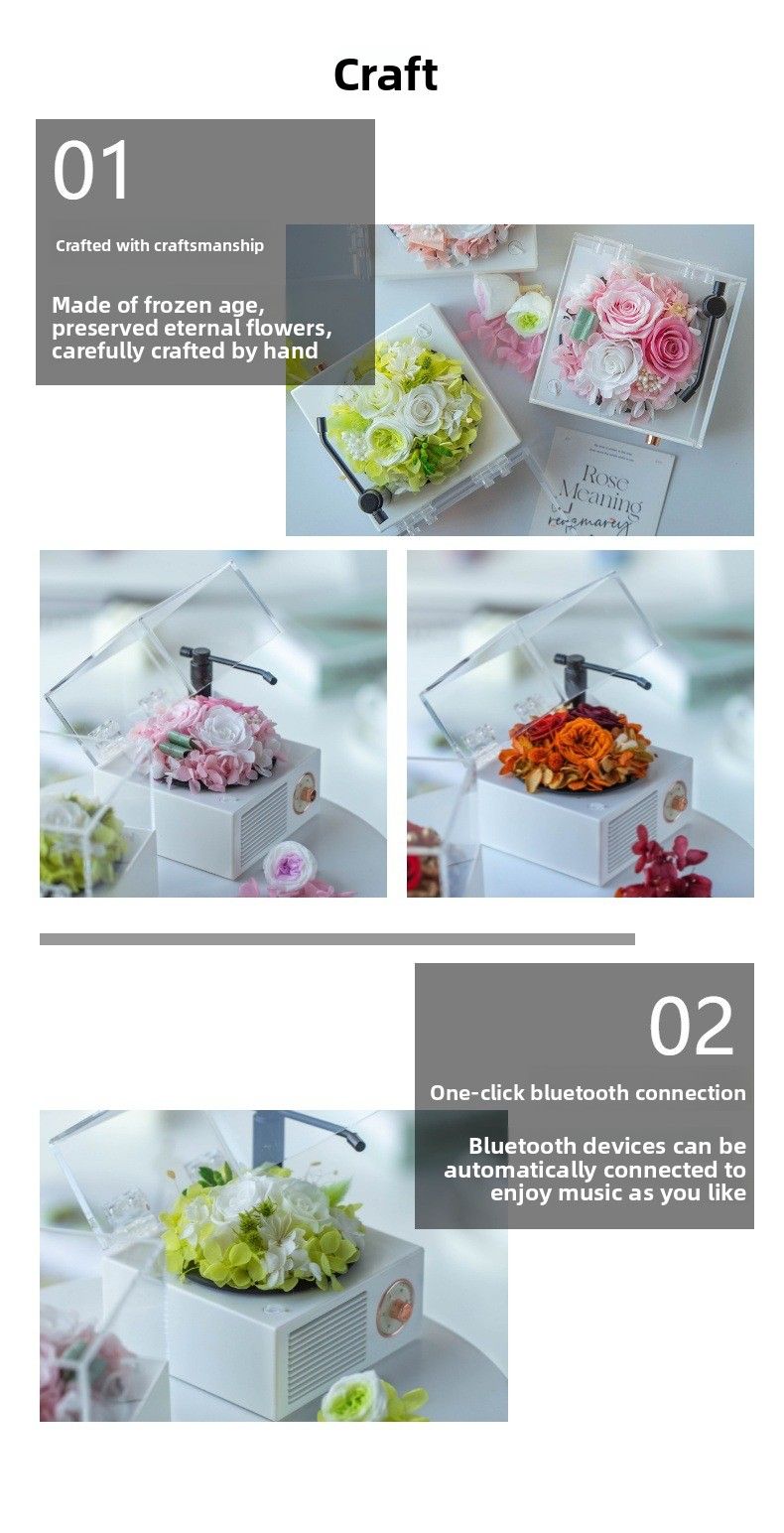 Altavoz Bluetooth con flores preservadas - Estilo gramófono retro | Regalo de cumpleaños creativo con un ambiente romántico | Regalo de aniversario para novias, Wi_voghion.com