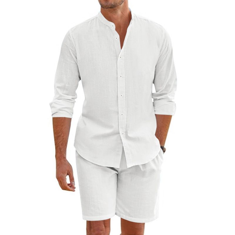 Camicia da spiaggia a maniche lunghe, semplice, traspirante, in lino, casual e ampia, da uomo, stile hawaiano, stile transfrontaliero americano._voghion.com