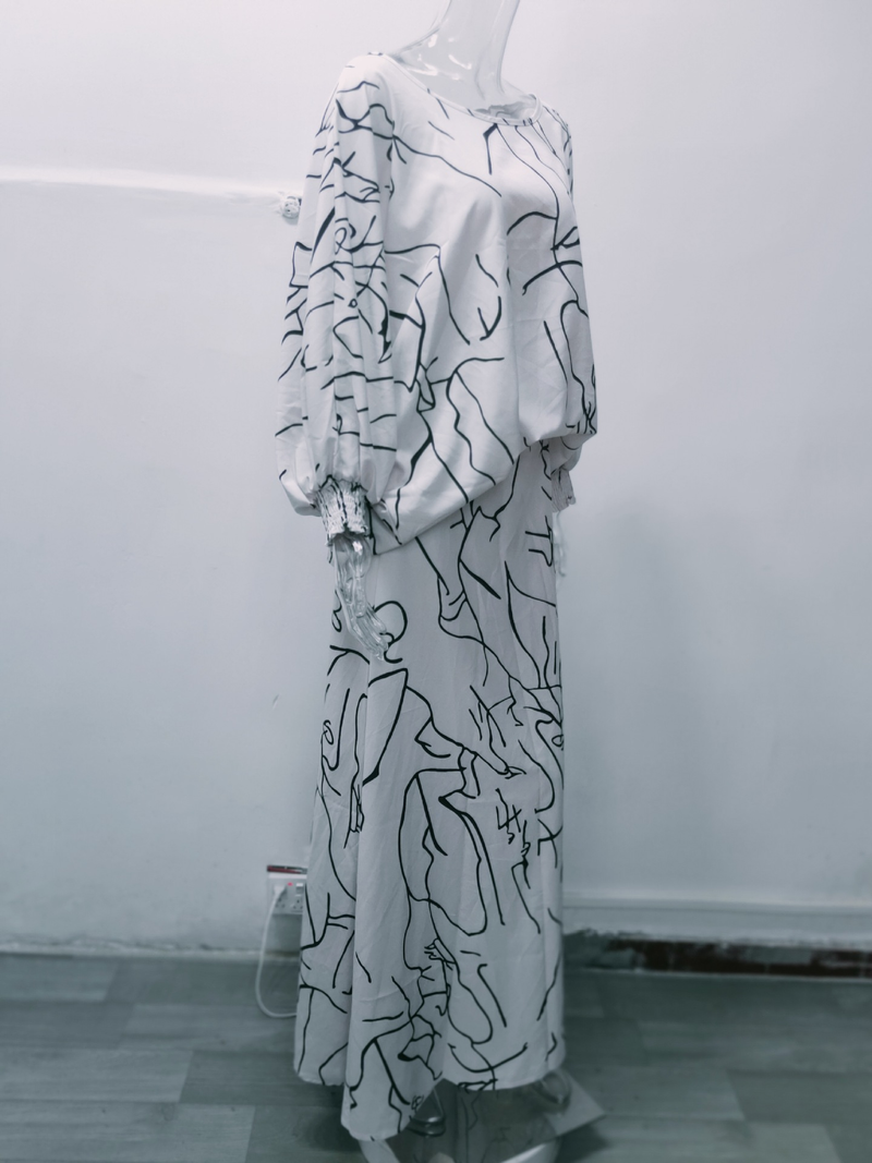 Feminino solto estampado manga longa top cintura alta tamanho grande saia longa terno_voghion.com