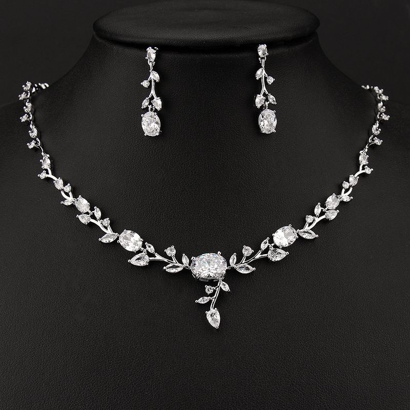 Women's Jewelry Leaf Design Copper Zircon Necklace And Earrings Set, Elegant Bridal Accessories Gift For Her Two Piece Set Bridal_voghion.com