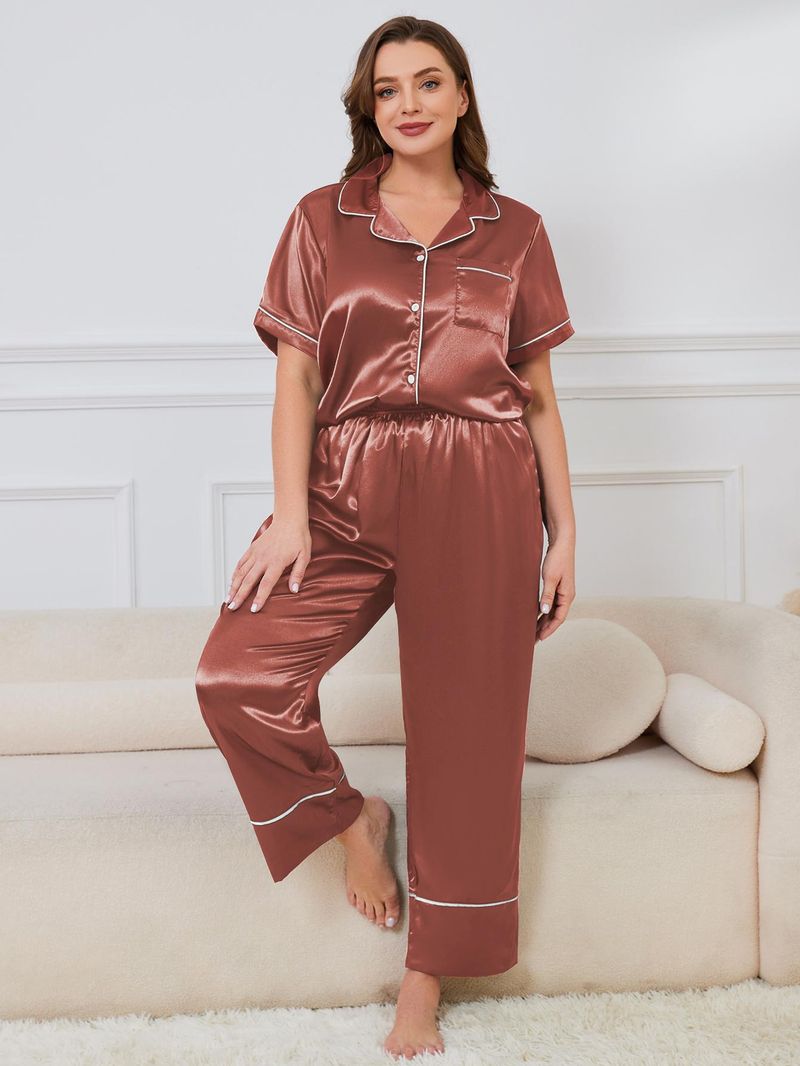 Pigiama da donna di grandi dimensioni, estivo, semplice, casual, in seta, a maniche corte, con pantaloni, abbigliamento per la casa, set da due pezzi_voghion.com