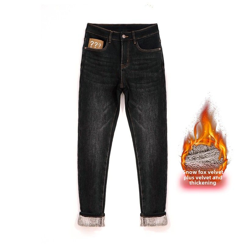 Jeans invernali Snow Fox Velvet da uomo ingrassati e ispessiti elastici aderenti, piccoli jeans da uomo di grandi dimensioni_voghion.com
