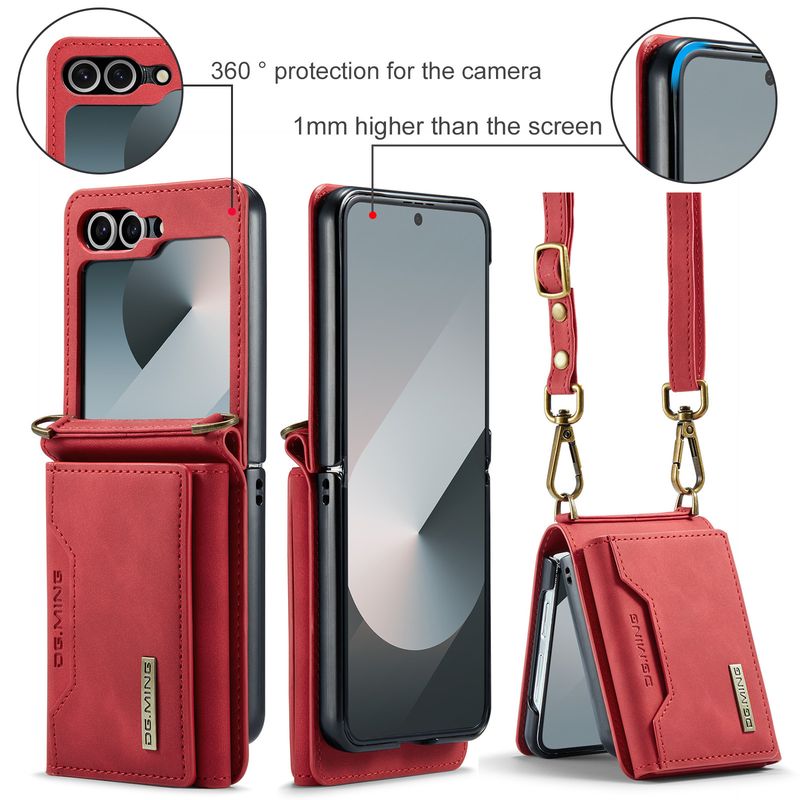 Custodia pieghevole M2 per Samsung Z Flip6 Custodia per telefono con portafoglio per carte Custodia protettiva in pelle con tracolla Z Flip6_voghion.com