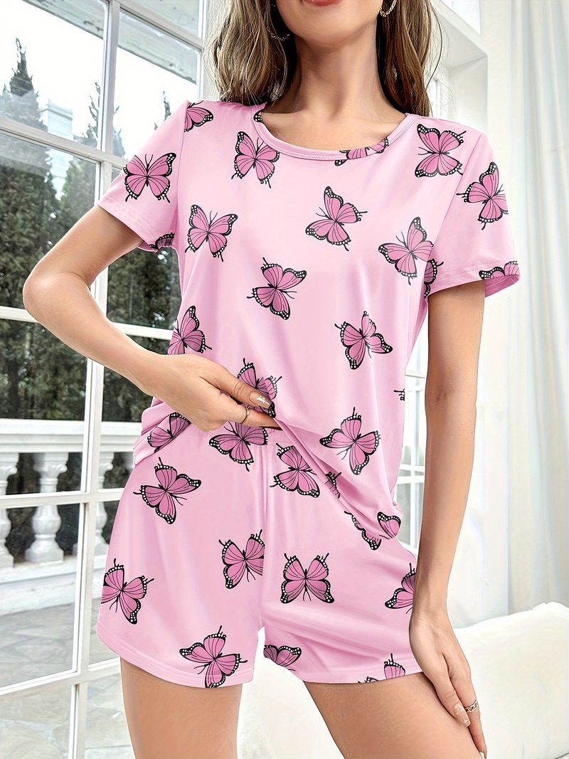 Piżama damska Homewear z nadrukiem motyli, krótki rękaw, szorty, wygodny, swobodny, wygodny, dwuczęściowy komplet_voghion.com