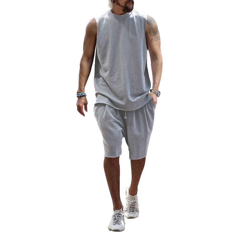 Sınır Ötesi Yeni Yaz Kolsuz Spor Takım Elbise Erkek Rahat Üst Kolsuz Yelek Şort İki Parçalı Takım Erkek_voghion.com