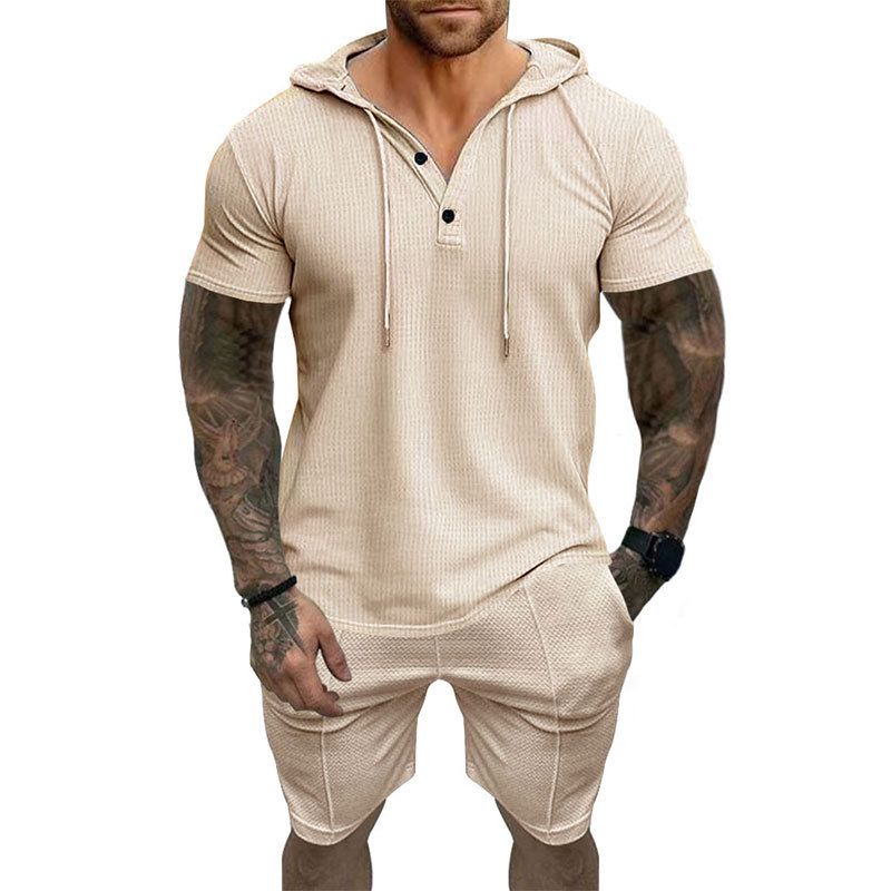 2024 Novo Verão Masculino Casual Manga Curta Shorts Moletom Com Capuz Conjunto Camiseta Henley Camisa_voghion.com