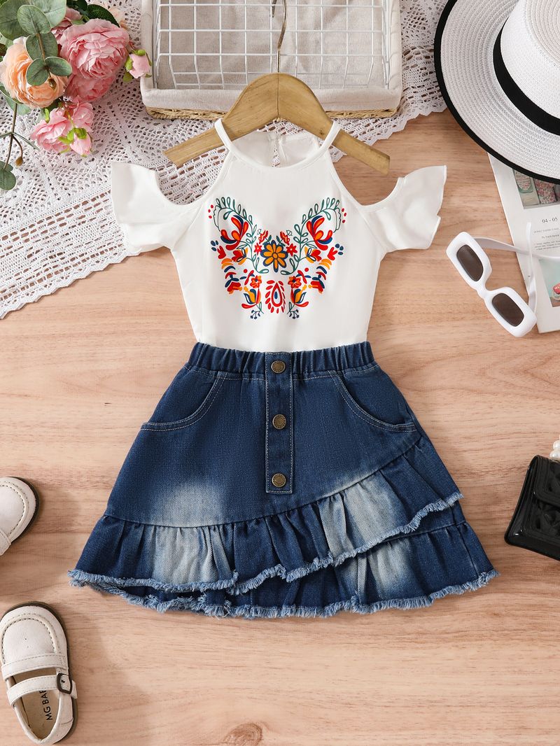 Mutter & Kinder Mädchen Rock kinder Gedruckt Top Denim Rock Mädchen Rock Set_voghion.com