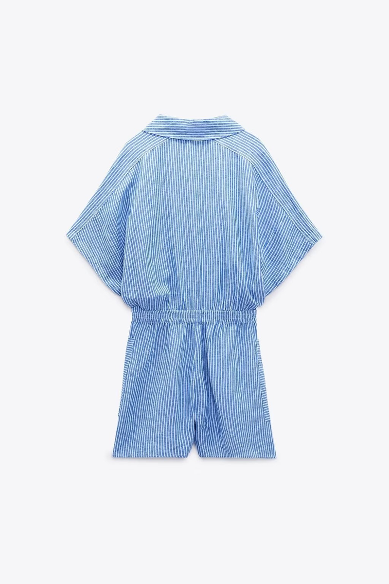 Women's Clothing Summer New Lapel Loose Waist Linen Blended Striped Short Jumpsuit_voghion.com