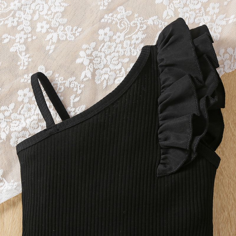 New Summer Girls' Set, Small Medium Children's Diagonal Shoulder Suspender with Flying Sleeves Top+Shorts and Hat Three_voghion.com