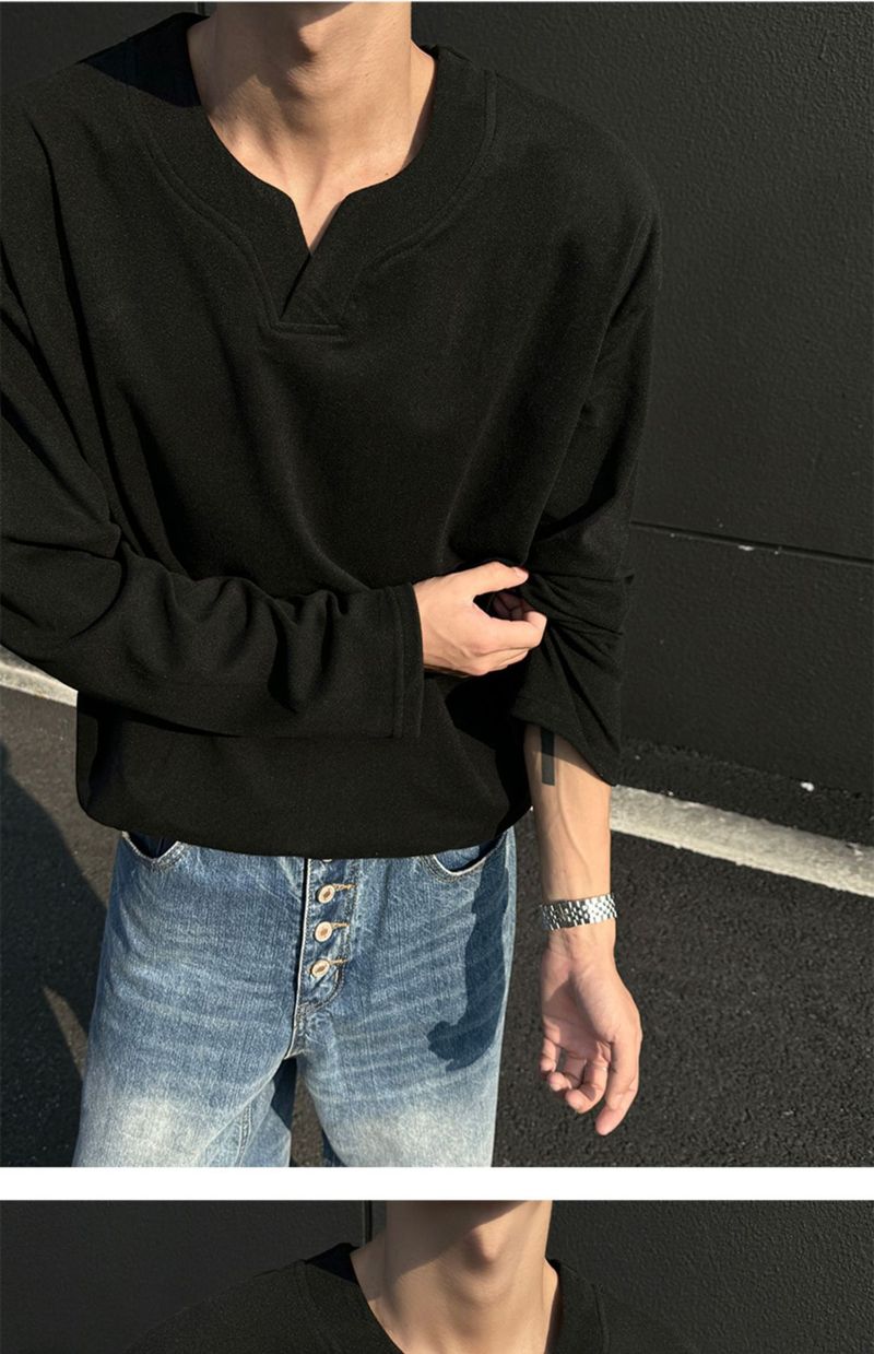 boy Boy Autumn Winter De Velvet V-Neck Sweatshirt Warm Inner Layer Base Shirt Long Sleeve T-Shirt Top Trendy Men's Cool Fashion_voghion.com