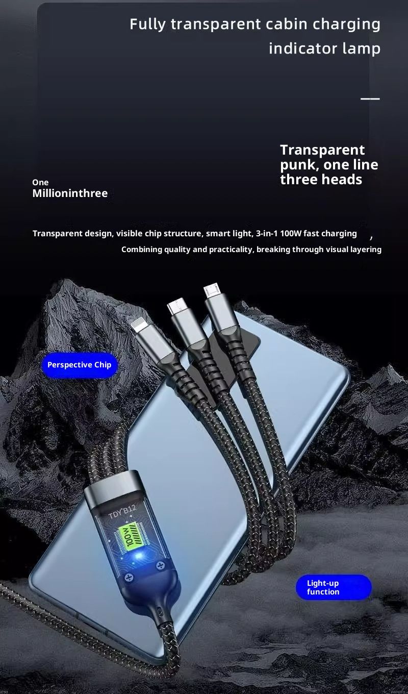 Digitex Transparent Display Smart Chip 100W 3-in-1 Super Fast Charging 6A Data Cable Thickened One-to-Three Braided Wholesale_voghion.com