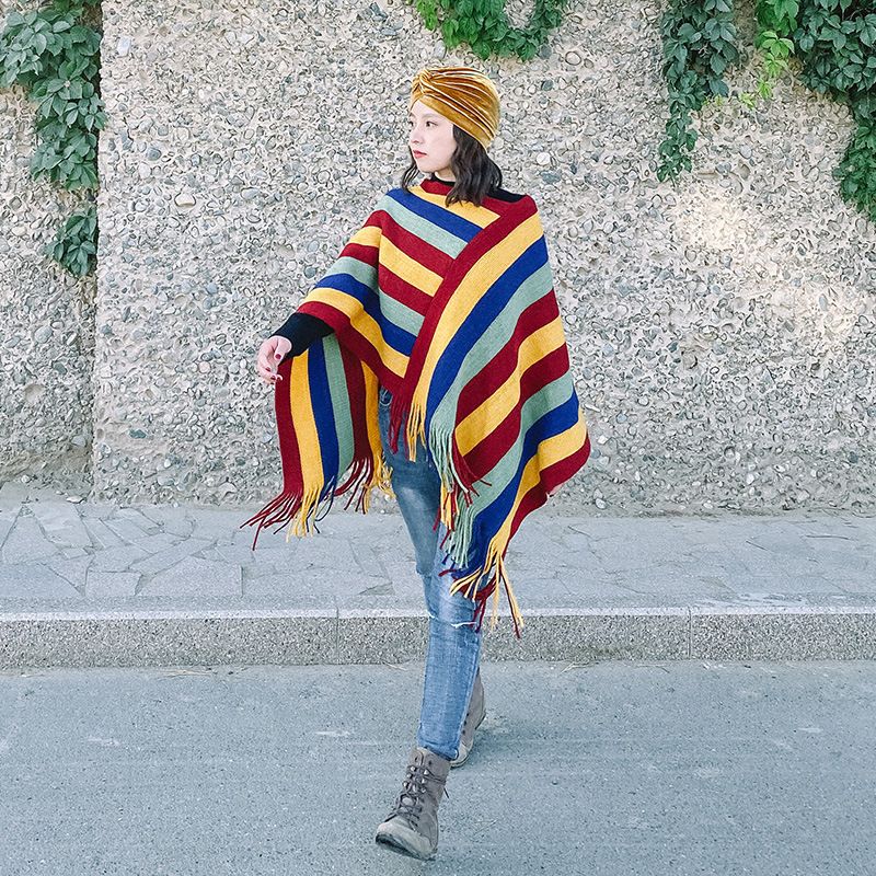 Colorful long tassel wide striped pullover sweater, warm and windproof cape, Northwest Yunnan tourism photo_voghion.com