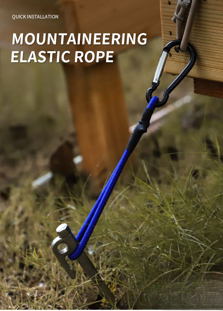 Gancho de escalada para exteriores, multifuncional, portátil, con cuerda elástica y hebilla, para acampar, con cordón ajustable y estaca para el suelo._voghion.com