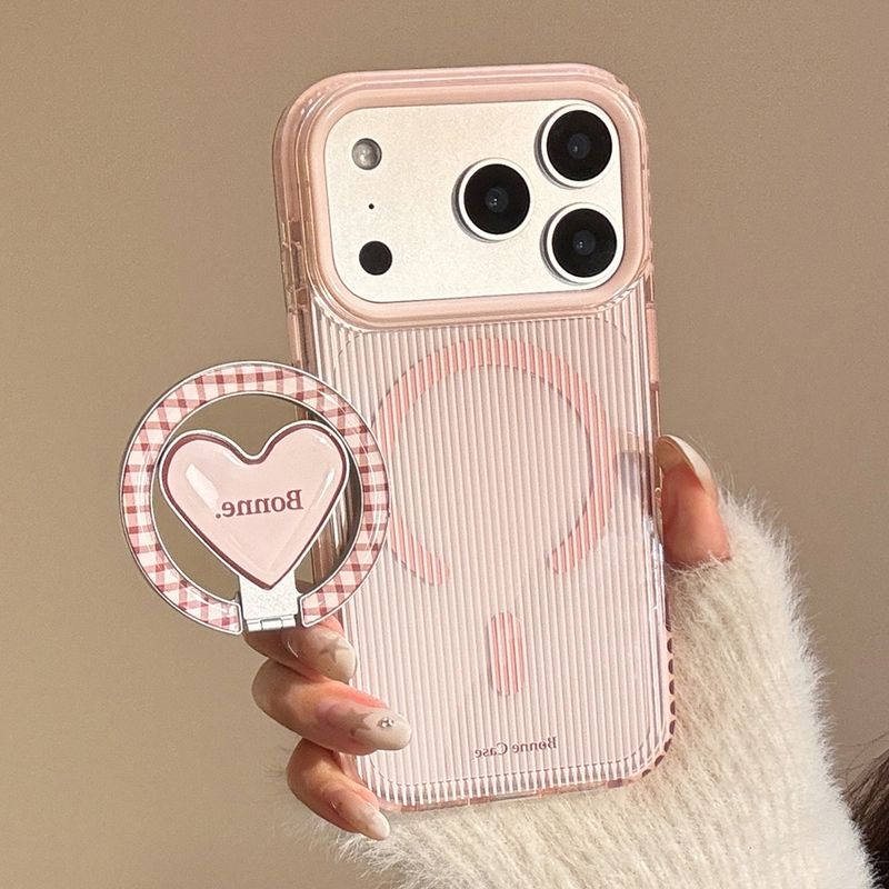 Custodia a righe rosa e marroni per iPhone 17, 15 con supporto magnetico a forma di cuore, iPhone 16 Pro Max antiurto, 14 morbido_voghion.com