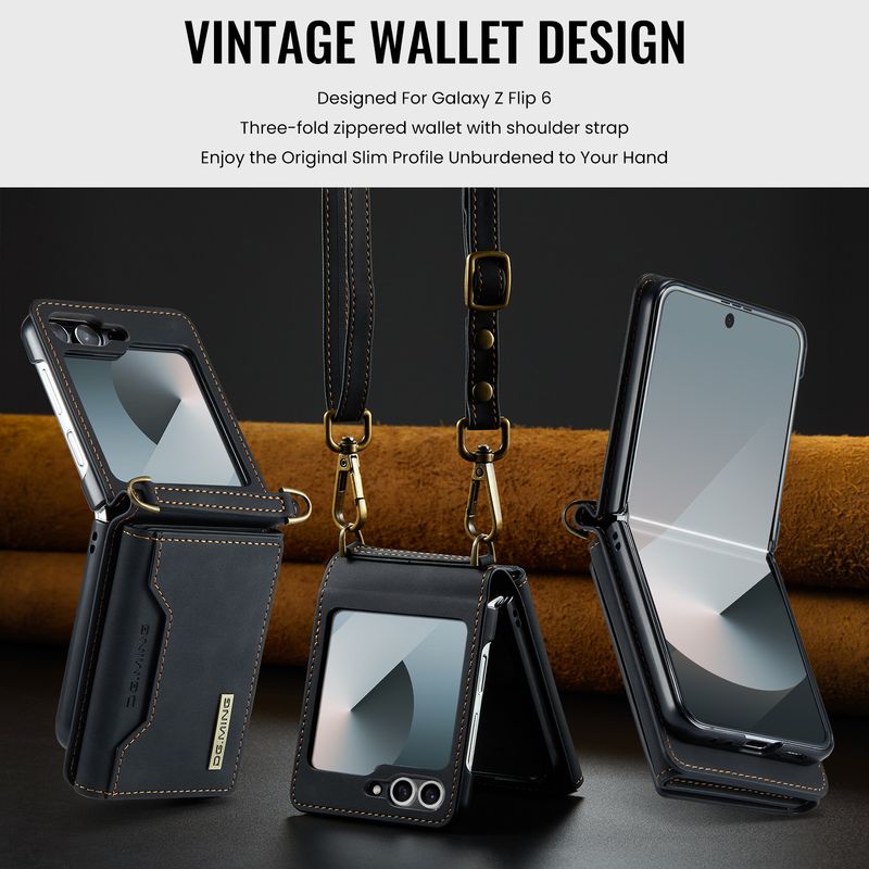 Custodia pieghevole M2 per Samsung Z Flip6 Custodia per telefono con portafoglio per carte Custodia protettiva in pelle con tracolla Z Flip6_voghion.com