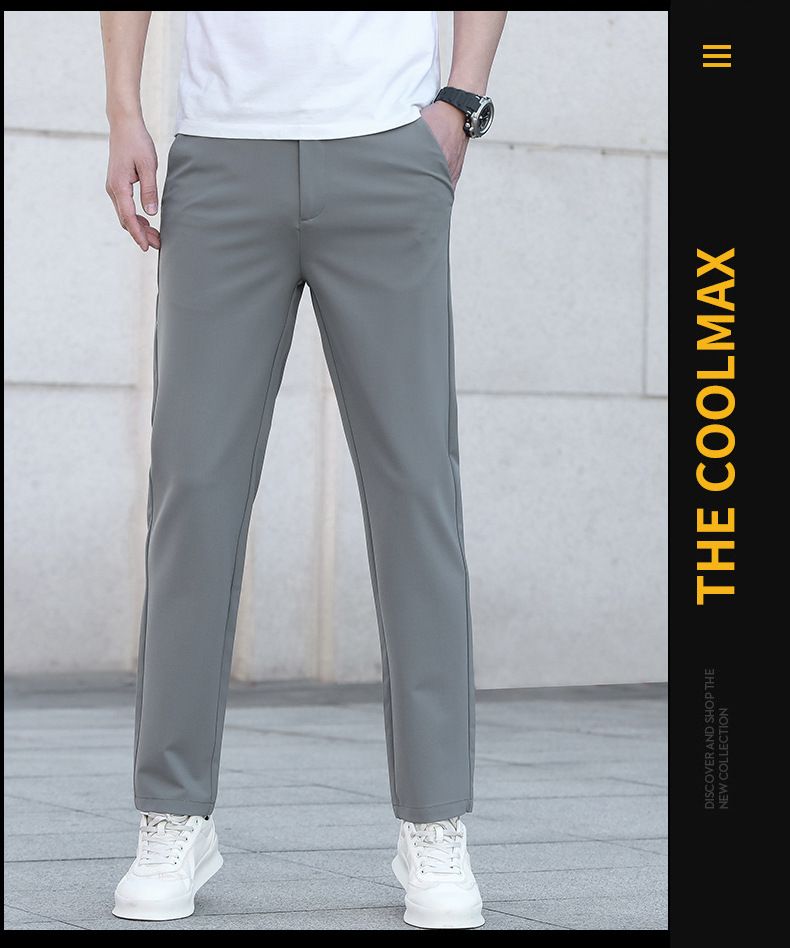 Pantaloni casual da uomo, vestibilità dritta, elasticizzati, comodi, adatti a tutte le stagioni, grigi e neri, abbigliamento casual da ufficio, in tessuto misto cotone_voghion.com