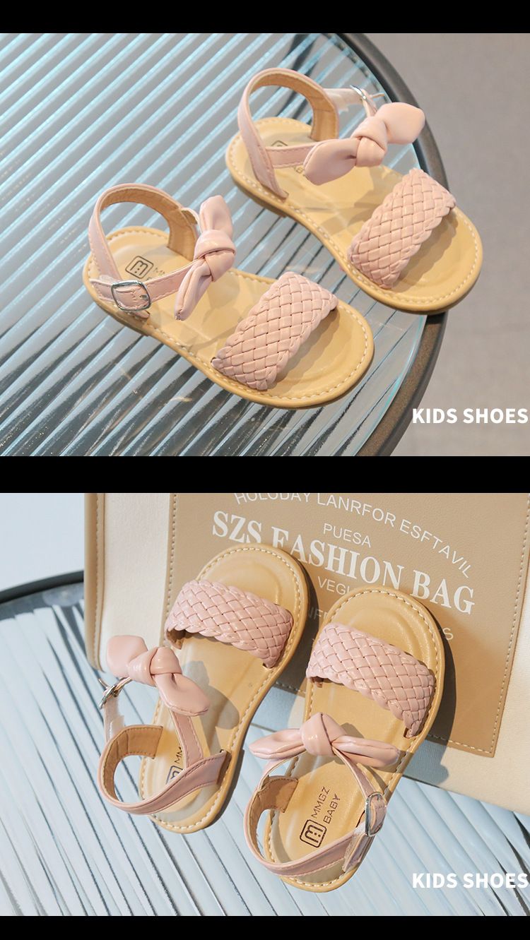 Sandali intrecciati per bambine, scarpe da principessa, primavera ed estate, nuovi sandali in sughero con suola morbida e velcro, con fiocco._voghion.com