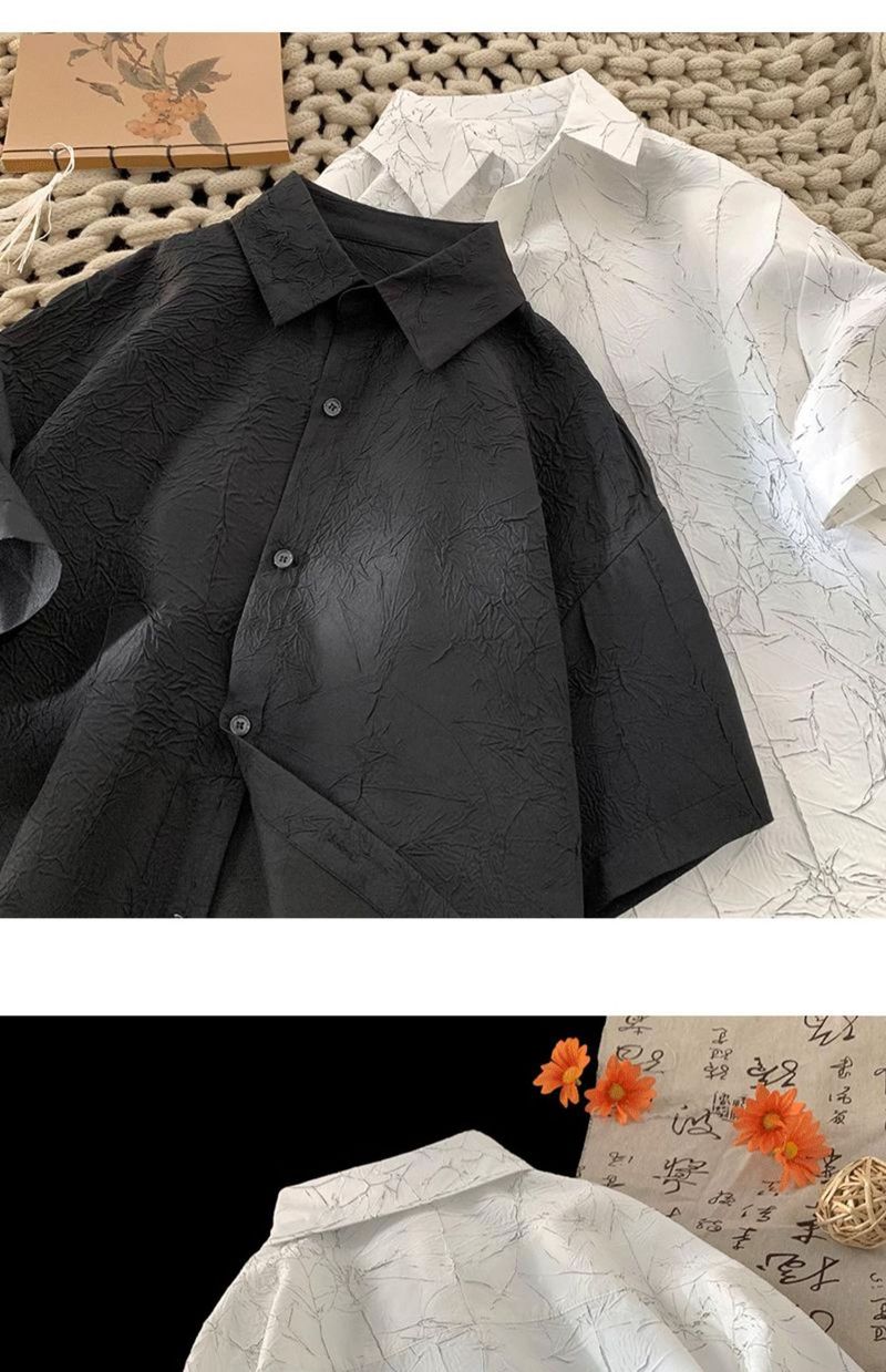 Camicia da uomo a maniche corte in seta ghiacciata plissettata, sottile, fresca, alla moda, dal design accattivante, casual, giacca da abito_voghion.com