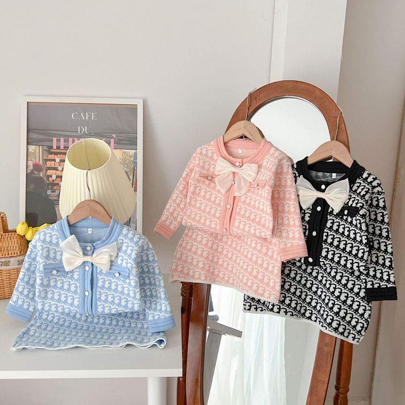 Mor & Børn Børnesweater Nederdel Sløjfe Todelt Sæt Langærmet Cardigan Moderigtigt sweaternederdel_voghion.com