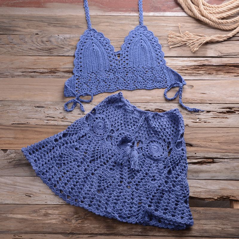 Vêtements pour femmes Crochet à la main Bikini Enveloppe de poitrine avec jupe plissée creuse sexy All Match Maillot de bain fendu_voghion.com
