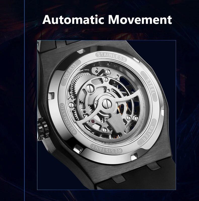 Top AILANG Automatyczny Mechaniczny es Męski Tourbillon Wodoodporny Czarny Stalowy Pasek Gumowy_voghion.com
