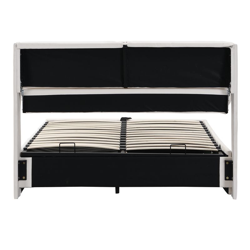 Lit coffre hydraulique 140 x 200 cm, 3 tiroirs, cadre de lit capitonné en velours beige avec sommier à lattes et tête de lit, matelas non inclus._voghion.com