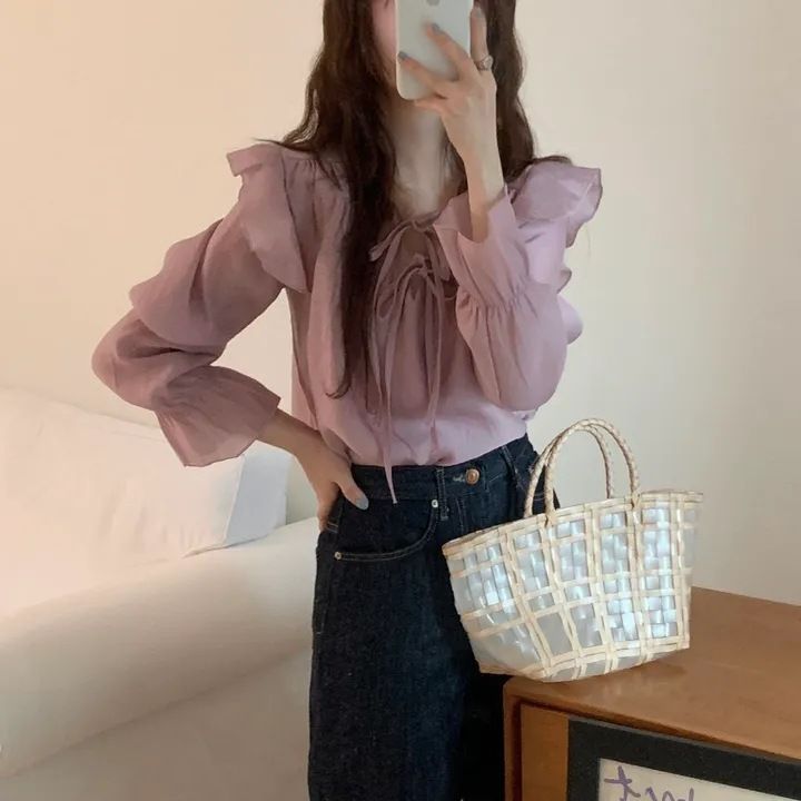Korean Chic 2024 Spring/Summer New Style Loose Fungal Edge Strap Gentle and Sweet Temperament Purple Top Shirt_voghion.com