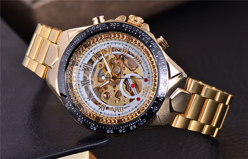Men's Premium Gold-Toned Skeleton Automatic Mechanical Watch With Stainless Steel Band - 44mm Round Dial, Mineral Glass, Fold-Over Clasp Mechanical_voghion.com