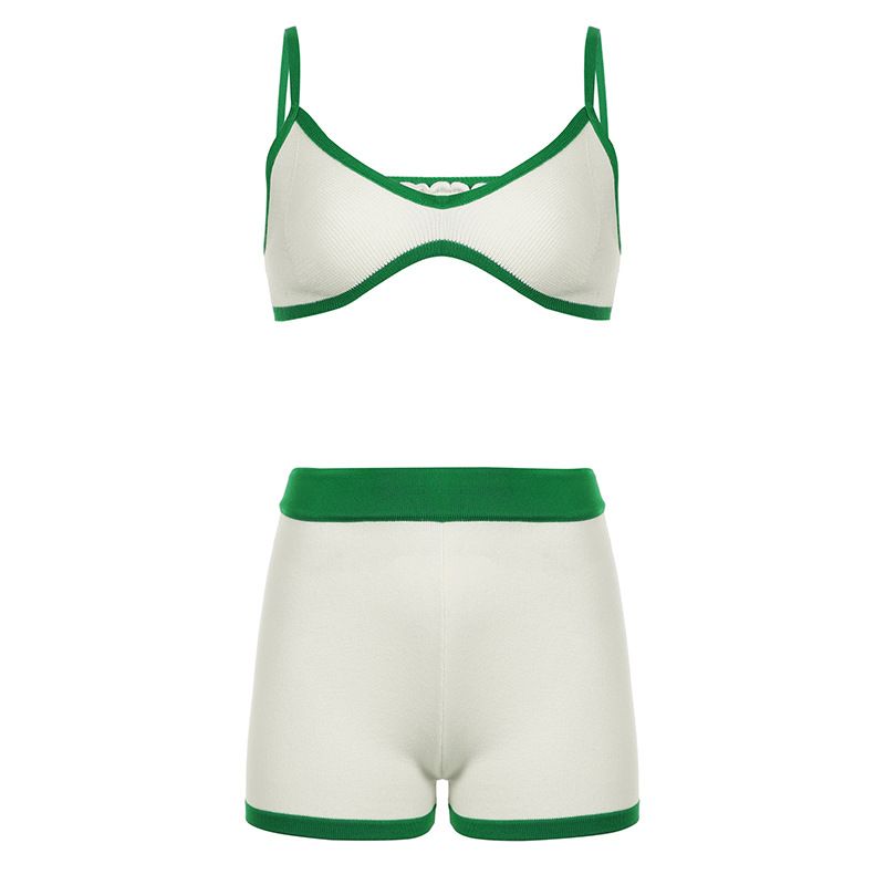LazyZoom New White Ad Gree Color Block Thi Strap Top High Waist Hip Lift Tummy Cotrol Fitess Shorts Yoga Sports Set For_voghion.com