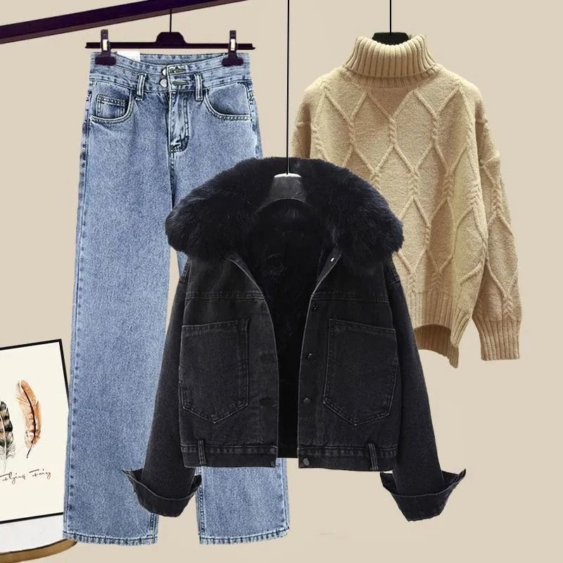 Autumn Winter Women's Outfit 2025 New Fleece Lined Thickened Denim Jacket Slimming Jeans Street Style Three-Piece Set_voghion.com