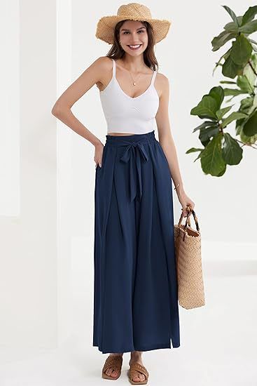 Calça Palazzo Feminina Leve, Casual, de Cintura Alta, com Bolsos e Fenda - Calça Larga e Flutuante para o Verão_voghion.com