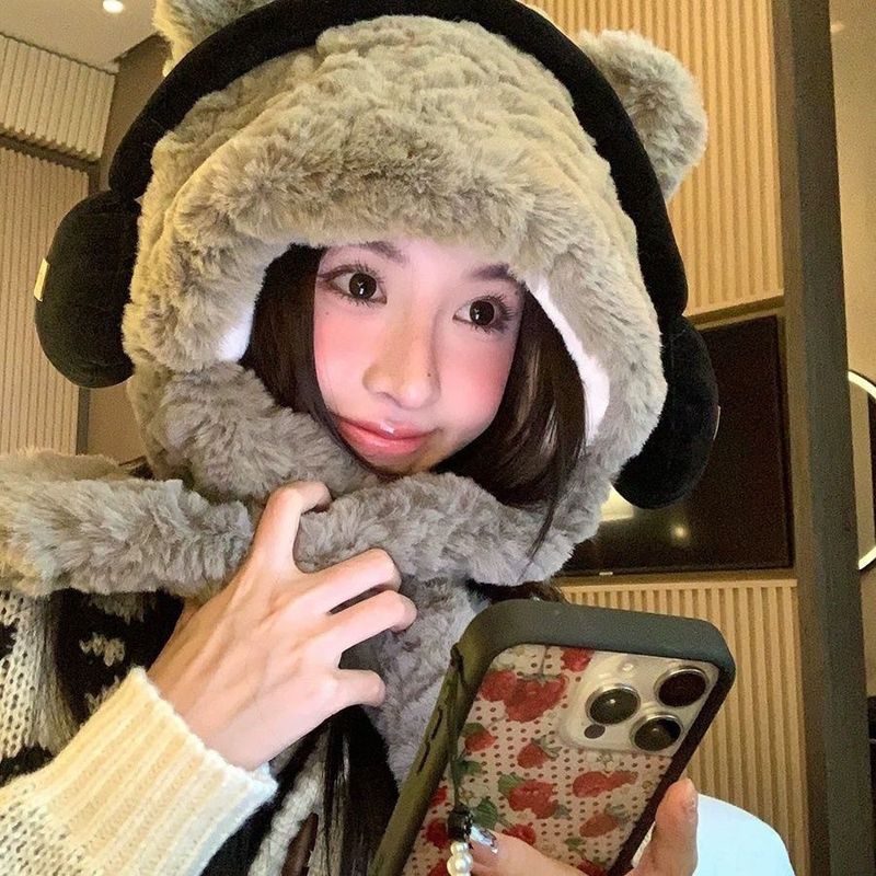 Earphones, bears, women's winter scarves, all in one outdoor cycling warm and cold proof cover, thick plush Lei Feng_voghion.com