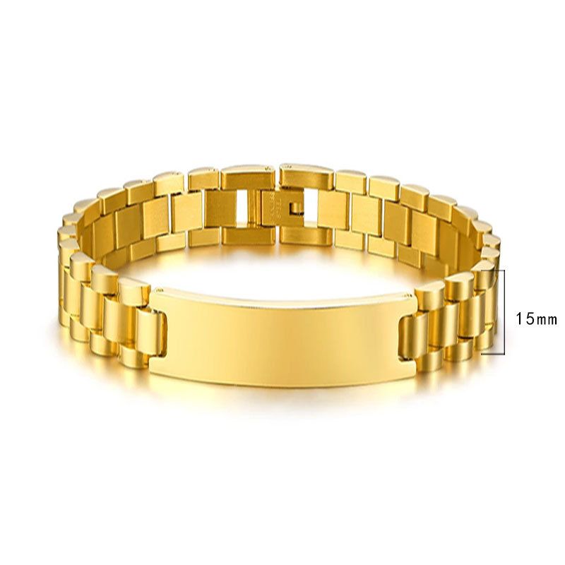Bracciale da uomo in titanio regolabile con etichetta curva e cinturino in acciaio inossidabile dorato con incisione, vendita all'ingrosso di gioielli da donna_voghion.com