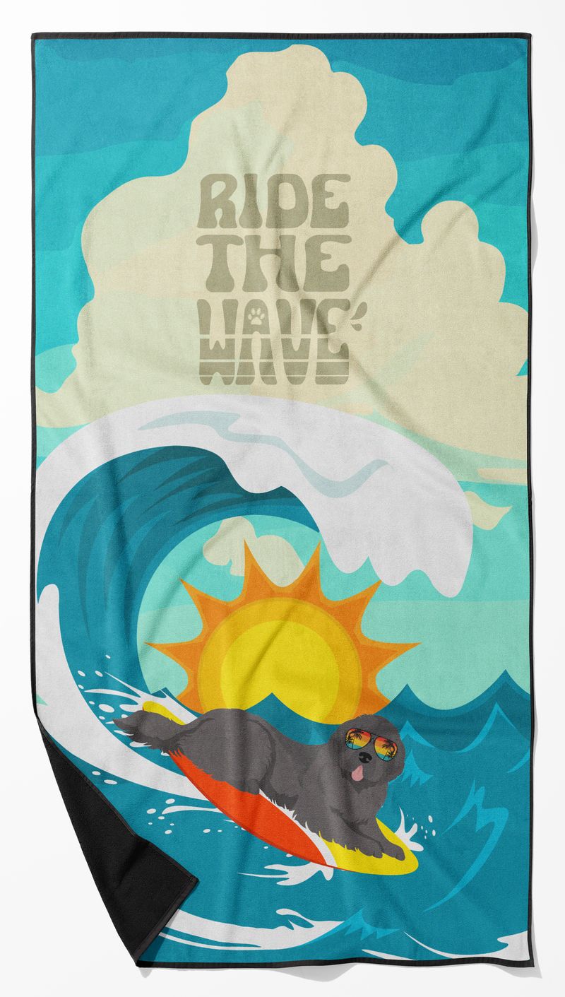 Surfer Dog Black Newfoundland Premium Beach Towel Oversized Towel Beach Blanket, Pool, Beach Essentials, Yoga, Premium Bath Towel, Quick Dry Plush_voghion.com