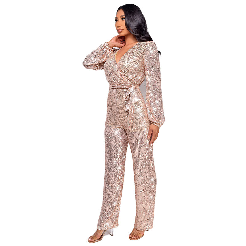 Damkläder Ins Style Deep V Mode Casual Jumpsuit Långärmat Bälte Paljett Jumpsuit Dam_voghion.com