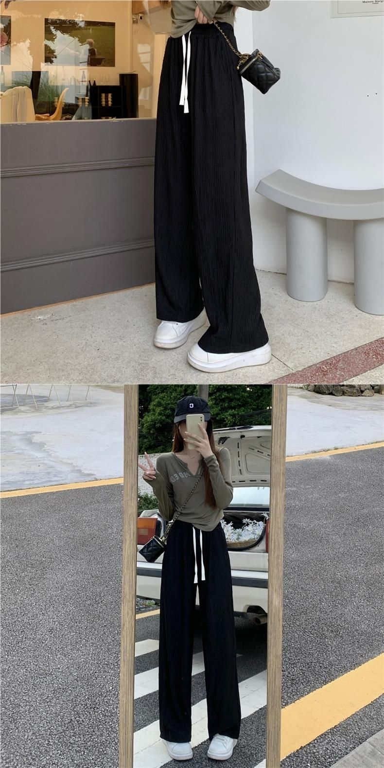 6012 # Pantalon de sol décontracté à taille haute pour femme, texture froissée, jambes larges, automne été_voghion.com