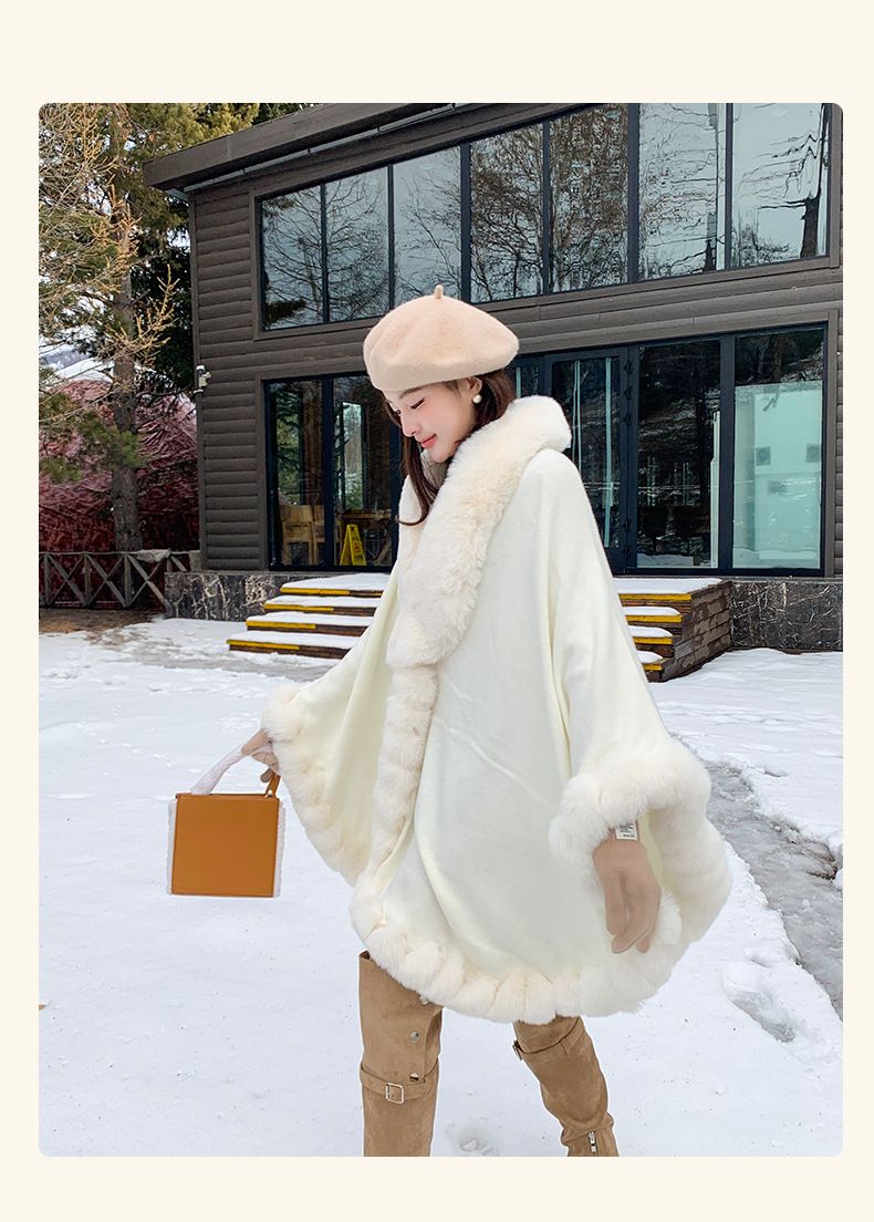 Cardigan oversize in maglia da donna con collo in pelliccia sintetica di coniglio – Caldo cappotto invernale a mantella, vestibilità ampia, stile street (beige/bianco/rosa/nero/grigio/caffè)_voghion.com