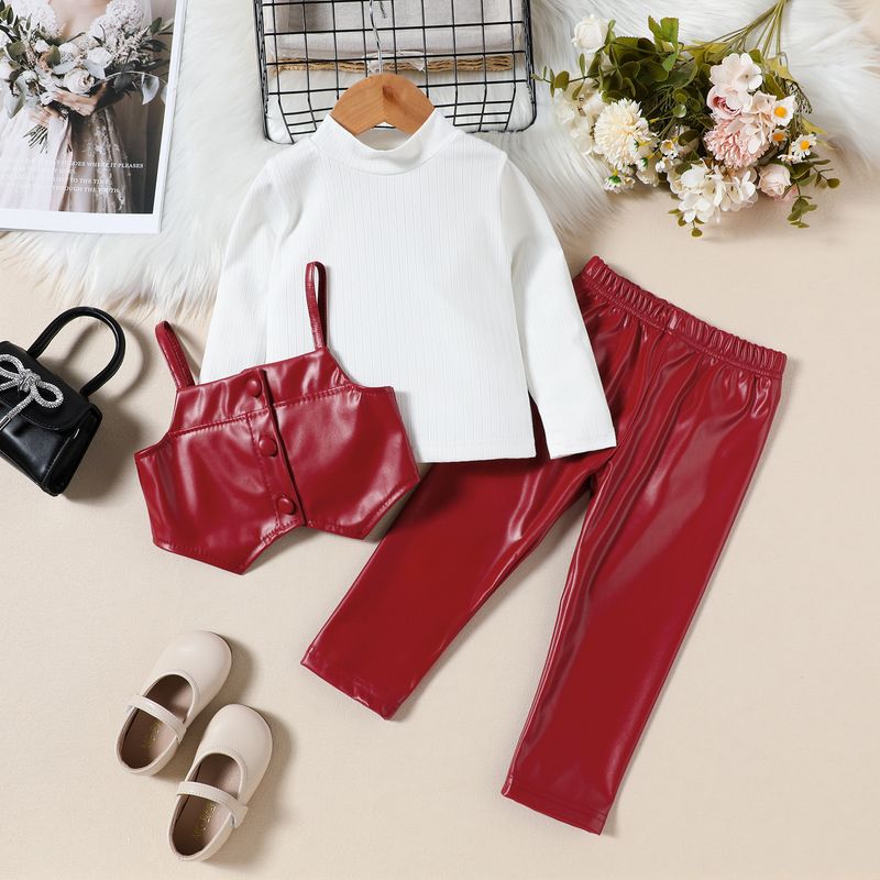 Çocuk giyim, kız sonbahar yeni stil uzun kollu üst + PU yelek + PU deri pantolon üç parçalı set_voghion.com
