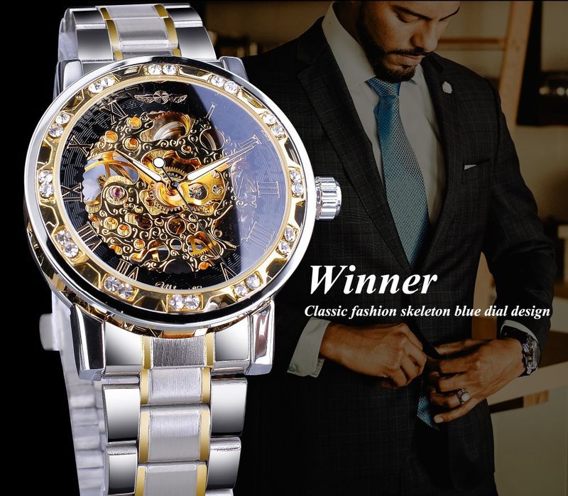 Orologio meccanico scheletrato da uomo alla moda con dettagli in diamanti - Cassa e cinturino in acciaio inossidabile - Resistente all'acqua - Stile casual da lavoro_voghion.com