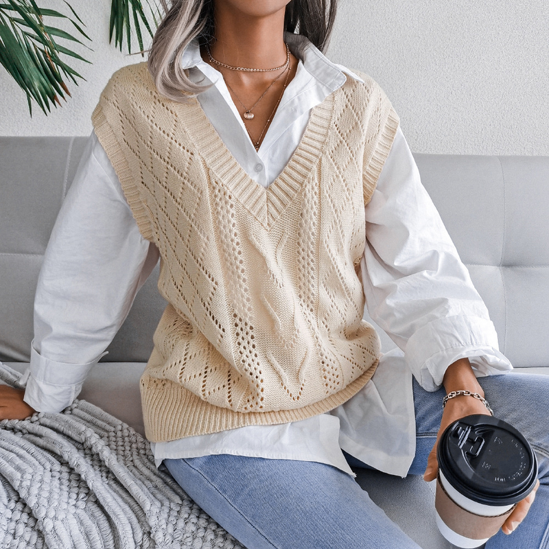 Pull tricoté à col en v pour femme, vêtement style Ins, ajouré et torsadé, collection automne et hiver 2023_voghion.com