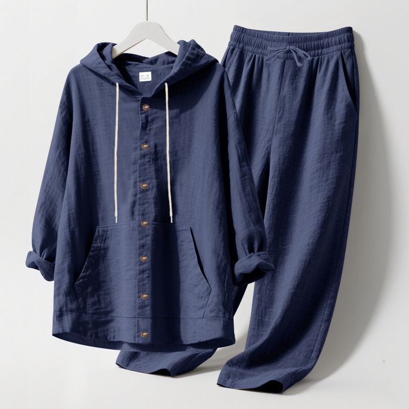 Camicia con cappuccio e pantaloni lunghi larghi in lino da uomo in stile americano, stile primaverile e autunnale, casual da spiaggia_voghion.com